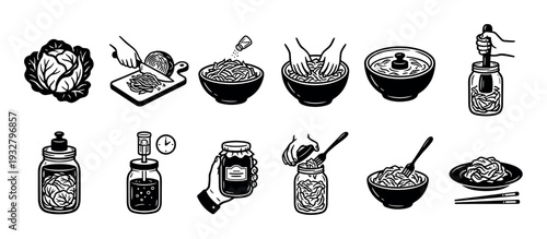 Traditional fermented cabbage making process illustrated with simple black and white icons, showing preparation steps from chopping to serving, isolated on a clean white background