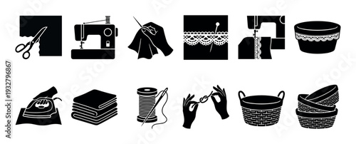 Set of black silhouette sewing and tailoring icons showing a machine, scissors, thread, needle, iron, and baskets, isolated on a white background