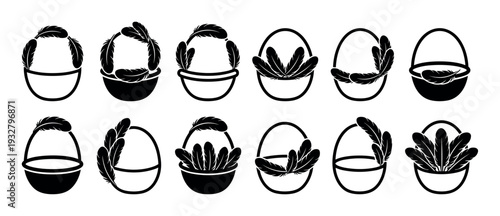 Collection of black basket and feather icons in various styles, including solid silhouette and simple outline designs, showing different arrangements of plumes isolated on a white background