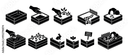 Set of black silhouette icons showing the step-by-step process of creating a miniature DIY Easter garden in a wooden crate, isolated on a white background