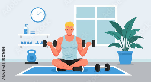 Man Exercising with Dumbbells at Home Vector Illustration