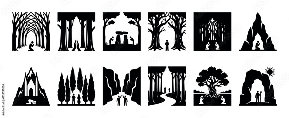 Fototapeta premium Set of black silhouette icons depicting spiritual and religious themes like prayer, worship, and pilgrimage in nature and sacred places, isolated on a white background