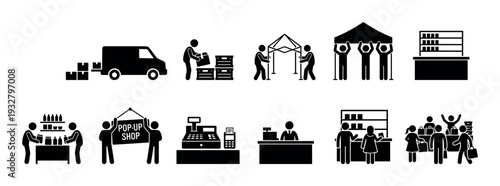 Set of black pop-up shop icons showing the process of setting up a temporary retail store, from delivery and assembly to selling products to customers, isolated on white