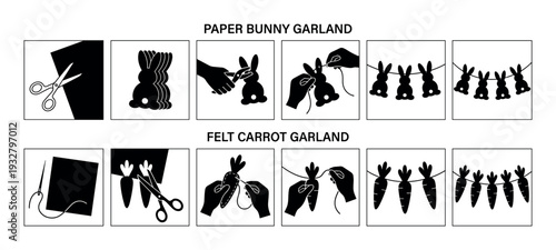 Step-by-step DIY craft instructions for making holiday garlands with paper bunnies and felt carrots, shown as a minimalist black and white icon set isolated on white background