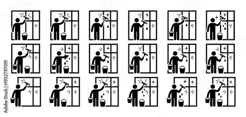 Set of black window cleaner stick figure icons showing a person with a squeegee and bucket washing glass, a simple pictogram collection for cleaning services isolated on white