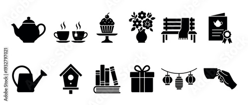 Set of black silhouette icons representing tea time and cozy hobbies, including a teapot, cupcake, books, gift, and garden elements, isolated on a white background