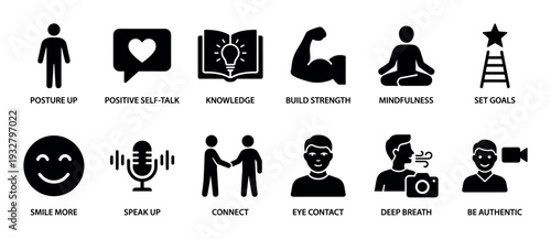 Set of black glyph icons representing self-improvement concepts like mindfulness, knowledge, and goal setting for personal development and confidence, isolated on a white background