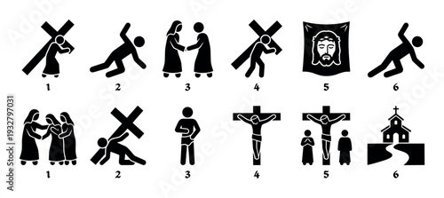 Black and white pictogram icon set illustrating the Stations of the Cross, a Christian narrative of the crucifixion and passion of Jesus, isolated on a white background