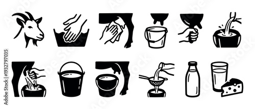 Set of black goat milking icons showing the entire process from animal to dairy products like milk and cheese, presented in a simple graphic style isolated on a white background