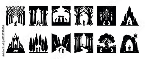 Set of black silhouette icons depicting spiritual and religious themes like prayer, worship, and pilgrimage in nature and sacred places, isolated on a white background