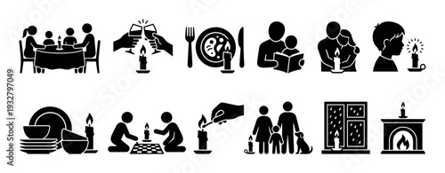 Set of black glyph icons showing family life by candlelight, including romantic dinner, reading books, and playing games during a power outage or for a cozy atmosphere, isolated on white