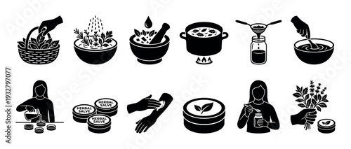 Herbal salve making process icon set showing steps from picking herbs to applying the final product, a collection of black glyphs for natural remedies isolated on white background