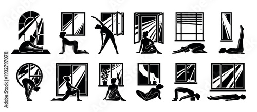 Black silhouette icon set of a woman practicing yoga and stretching exercises in various asana poses near a window, illustrating a home workout and wellness concept isolated on white