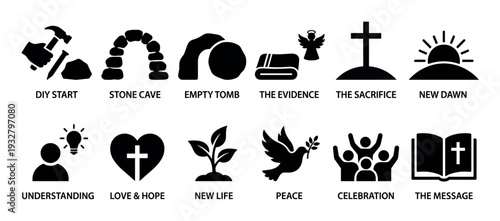 Set of twelve black Christian icons depicting the Easter story of resurrection and its meaning, including the cross, empty tomb, and dove, isolated on a white background