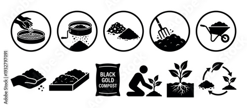 Set of black compost and gardening icons showing soil sifting, planting seedlings, and plant life cycle with agricultural tools in a simple silhouette style isolated on white