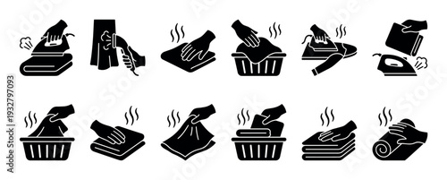 Laundry care glyph icons set showing ironing, steaming, and folding clothes with a hand, basket, and hot steam, a vector collection isolated on a white background
