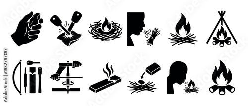 Set of black fire-making icons showing primitive survival methods like bow drill, flint, and steel, as well as campfire building, isolated on a white background
