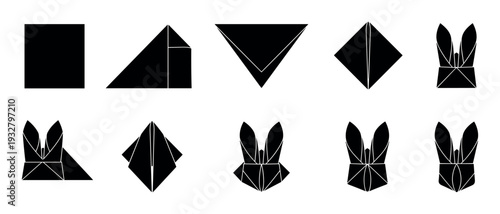 Origami rabbit folding instructions step by step showing the paper craft process from a square to a finished bunny head in a minimalist black silhouette style isolated on white