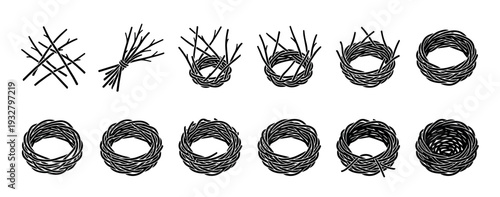 Bird nest construction process illustration showing step-by-step stages from collecting twigs to weaving a final intricate home, presented as a black silhouette icon set on white