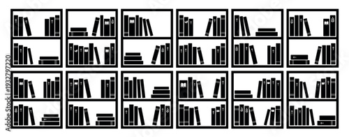 Black and white graphic illustration of bookshelves filled with various books, creating a seamless pattern or a set of icons for a library or bookstore, isolated on a white background