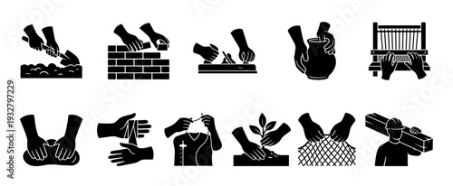 Set of black silhouette icons showing manual labor and craftsmanship skills including construction, pottery, weaving, tailoring, and gardening, isolated on a white background