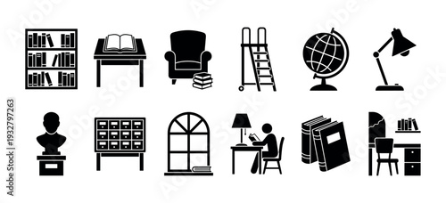 Black library and study room icon set with bookshelf, armchair, desk, globe, and books, presented in a simple silhouette vector style and isolated on a white background