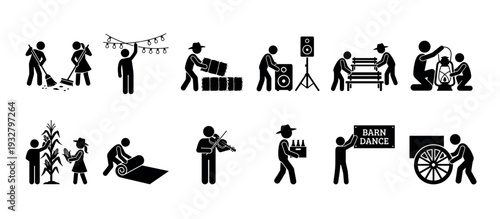 Black stick figure people icon set preparing for a rural barn dance, cleaning, decorating, setting up music, and farming, isolated on a white background