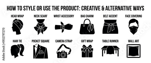 Set of black silhouette icons showing creative and alternative ways to style or use a versatile product like a scarf or bandana, presented as a minimalist infographic guide on a white background