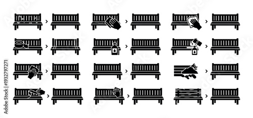 Set of black bench maintenance icons showing before and after states of cleaning, repair, and restoration from various damages like dirt, tape, and weather isolated on white