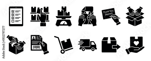 Logistics and delivery black glyph icon set showing packaging, shipping, and fulfillment processes, including warehouse operations and customer service, isolated on a white background