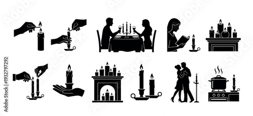 Black silhouette icon set of people using candles for romantic dinner, reading, and dancing during a blackout, isolated on a white background
