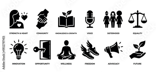 Set of twelve black glyph icons representing empowerment concepts like strength, community, equality, and freedom, arranged in a collection isolated on a white background