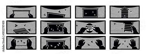 Beekeeping instruction icons set showing beekeeper's actions through a protective veil, a black and white silhouette pictogram collection illustrating apiary management steps isolated on white
