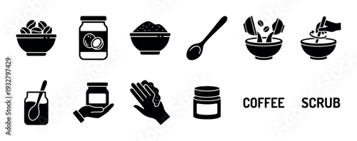 Coffee scrub preparation and application icon set with black glyphs showing homemade cosmetic ingredients, mixing process, and skincare routine steps, isolated on a white background