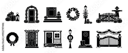 Seasonal home decoration black silhouette icon set for autumn and winter holidays, featuring festive porch, door, and gate designs with pumpkins, wreaths, and snow isolated on white