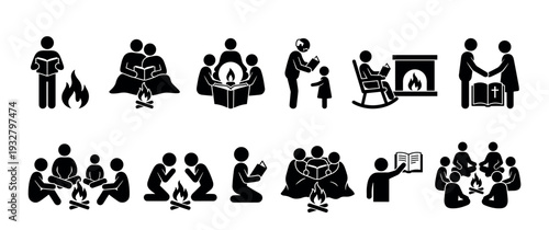 Set of black pictogram icons showing people reading books together, gathering around a campfire, praying, and sharing stories in a community setting, isolated on white