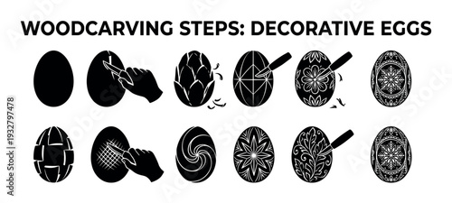 Set of black silhouette icons showing the woodcarving steps for creating decorative eggs with intricate folk art patterns, isolated on a white background