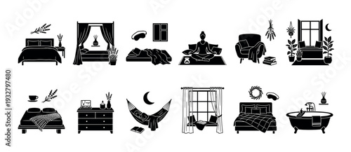 Collection of black silhouette icons for healthy sleep and relaxation, featuring cozy bedroom furniture, meditation, and aromatherapy elements isolated on white