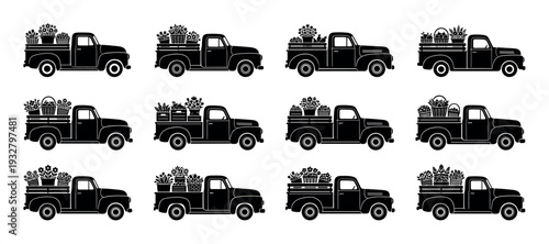 Black silhouette vintage pickup trucks with flowers collection showing various floral arrangements in baskets and pots, isolated on a white background