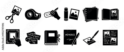 Set of black scrapbooking icons showing various memory keeping tools like scissors, photos, albums, and pens in a simple glyph style, isolated on a white background