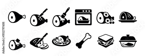 Black ham and pork food icon set showing preparation steps like glazing, roasting, and slicing, with a sandwich and bone, isolated on a white background for graphic design