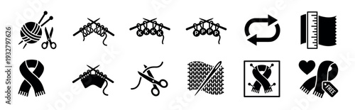 Black knitting and needlework glyph icon set featuring yarn, needles, scissors, and scarf symbols for crafting hobbies, isolated on a white background