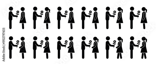 Set of black stick figure pictograms showing a man giving a flower to a woman, representing love, dating, and relationships, a minimalist icon collection isolated on white