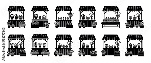 Black silhouette Easter market stalls icon set with decorated eggs, spring flowers in pots, baskets, and willow branches for a festive holiday fair, isolated on a white background
