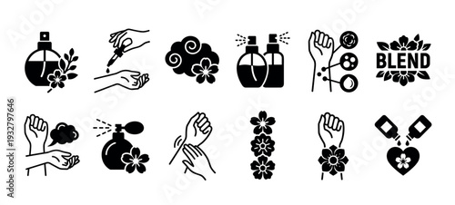 Perfume and aromatherapy black glyph icons set showing various fragrance bottles, essential oil application, and floral scents isolated on a white background