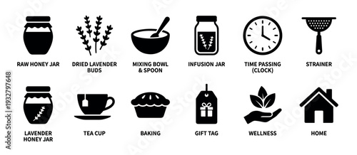 Black glyph icon set for making lavender honey and baking, showing ingredients like jars, buds, and tools like a bowl and strainer, isolated on a white background