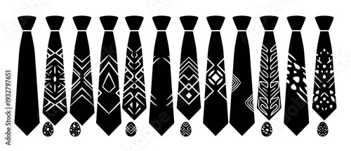 Set of black and white neckties with various abstract geometric and folk art patterns in a row, a graphic illustration collection for men's formal wear isolated on white