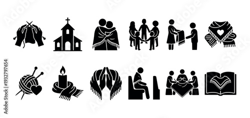 Black glyph icons set representing a prayer shawl ministry with symbols of knitting, community support, faith, and charity isolated on a white background