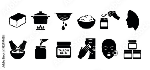 Black vector icons showing the process of making homemade tallow balm for skincare, a step-by-step infographic guide for rendering beef fat into a cosmetic cream isolated on white