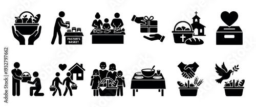 Set of black charity and donation icons representing community support, volunteering, and helping the poor, illustrating concepts like food drives and church outreach in a simple glyph style